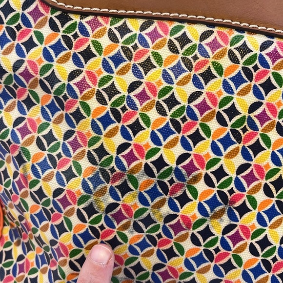 Fossil Colorful Geometric Print Tote Bag Purse Handbag w/ Brown Leather Trim - Picture 4 of 16